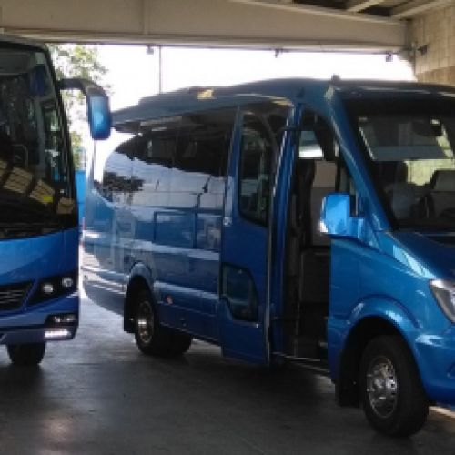 Vista de dos autobuses pequeños unidad 80 y 70